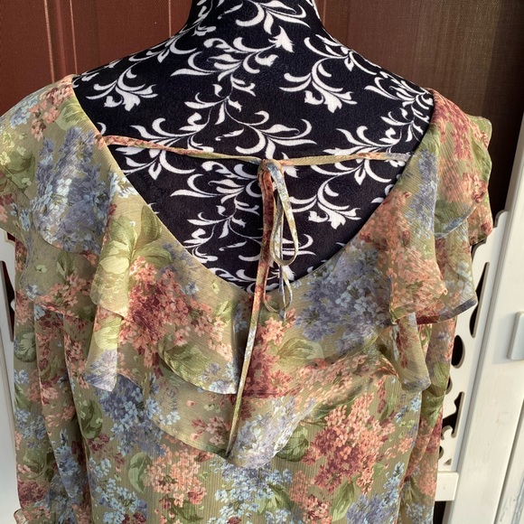 Cato Women's Sheer Floral Crepe Ruffle Poet Blouse Top Open Back with tie bow - Picture 16 of 16